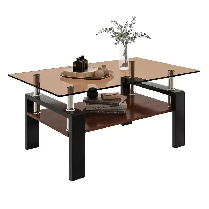 Table basse rectangulaire, plateau en verre trempé avec couche MDF, table moderne pour le salon, verre brun