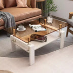 Table basse rectangulaire, plateau en verre trempé avec couche MDF, table moderne pour le salon, verre brun