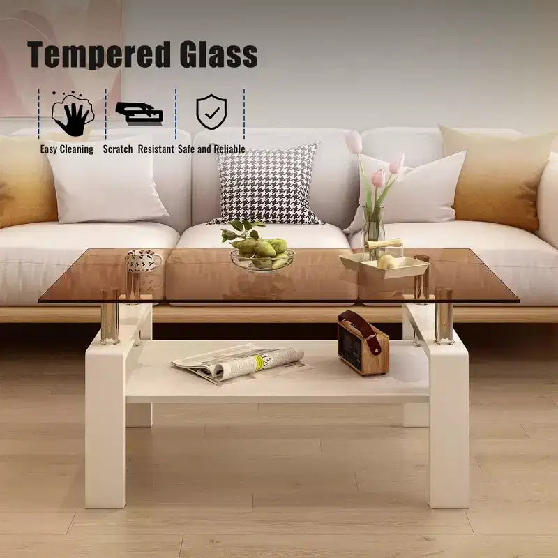 Table basse rectangulaire, plateau en verre trempé avec couche MDF, table moderne pour le salon, verre brun