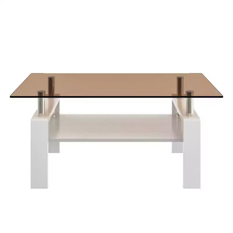Table basse rectangulaire, plateau en verre trempé avec couche MDF, table moderne pour le salon, verre brun