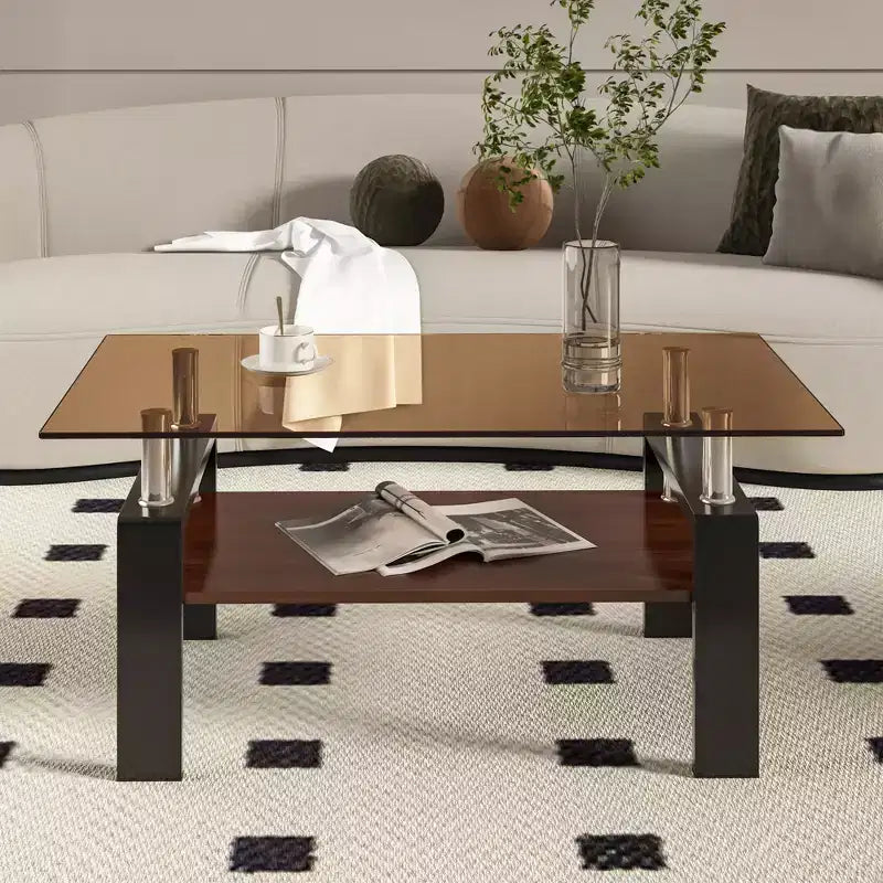 Table basse rectangulaire, plateau en verre trempé avec couche MDF, table moderne pour le salon, verre brun