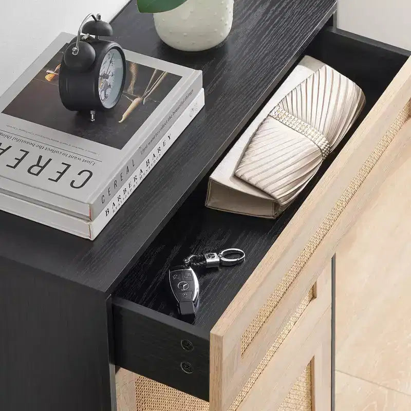 Meuble à chaussures 2 tiroirs basculants avec 1 tiroir, meuble à chaussures en rotin avec pieds en métal, armoire à chaussures étroite autoportante pour entrée