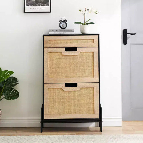 Meuble à chaussures 2 tiroirs basculants avec 1 tiroir, meuble à chaussures en rotin avec pieds en métal, armoire à chaussures étroite autoportante pour entrée