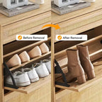Meuble à chaussures 2 tiroirs basculants avec 1 tiroir, meuble à chaussures en rotin avec pieds en métal, armoire à chaussures étroite autoportante pour entrée