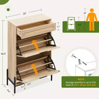 Meuble à chaussures 2 tiroirs basculants avec 1 tiroir, meuble à chaussures en rotin avec pieds en métal, armoire à chaussures étroite autoportante pour entrée