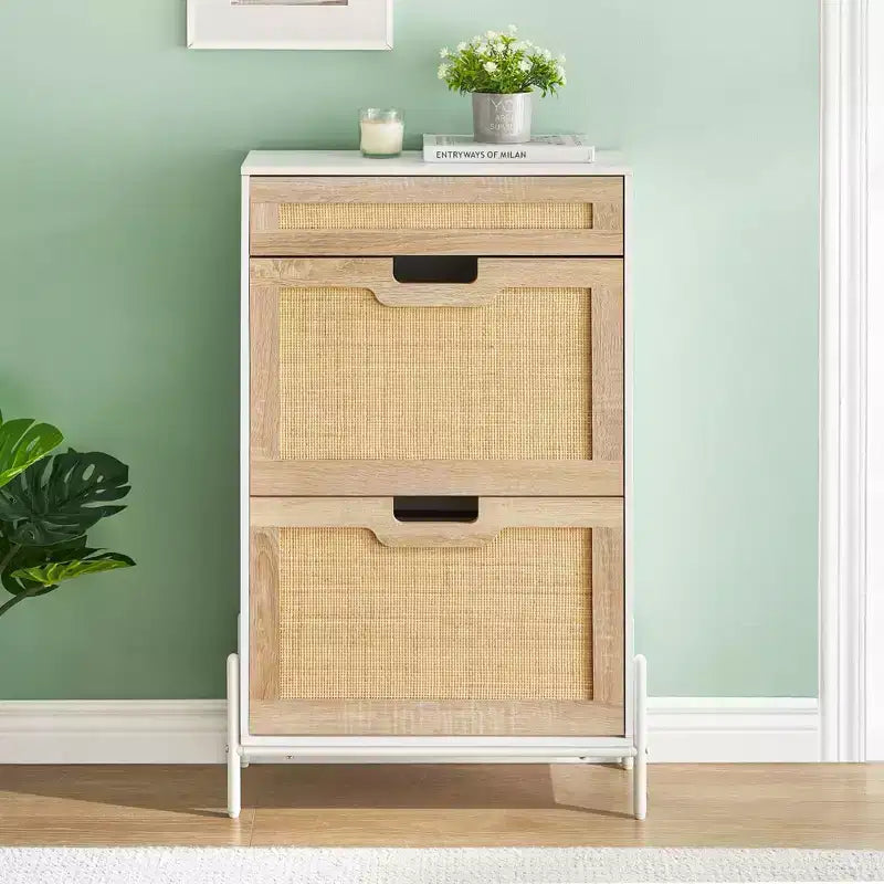 Meuble à chaussures 2 tiroirs basculants avec 1 tiroir, meuble à chaussures en rotin avec pieds en métal, armoire à chaussures étroite autoportante pour entrée