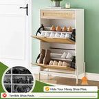 Meuble à chaussures 2 tiroirs basculants avec 1 tiroir, meuble à chaussures en rotin avec pieds en métal, armoire à chaussures étroite autoportante pour entrée