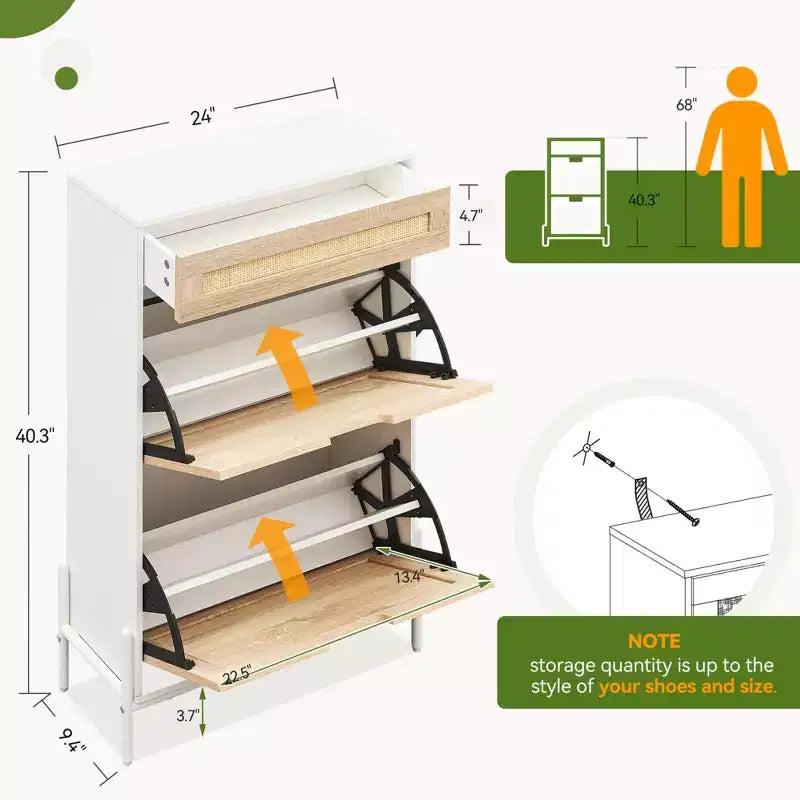 Meuble à chaussures 2 tiroirs basculants avec 1 tiroir, meuble à chaussures en rotin avec pieds en métal, armoire à chaussures étroite autoportante pour entrée