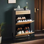 Meuble à chaussures 2 tiroirs basculants avec 1 tiroir, meuble à chaussures en rotin avec pieds en métal, armoire à chaussures étroite autoportante pour entrée