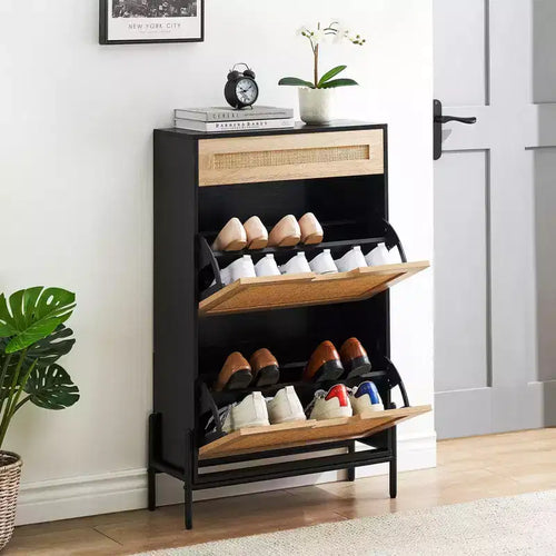 2 Flip Drawers Shoe Storage Cabinet with 1 Drawer, Rattan Shoe Organizer with Metal Legs, Freestanding Narrow Shoe Rack Cabinet for Entryway
