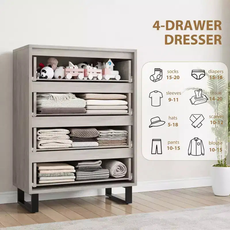 Garvee 4 Commode pour Chambre, Commode Haute 106 cm, Armoire à Tiroirs Verticale sur Pied avec Rangement, Coffre de Rangement en Bois pour Chambre