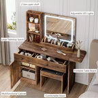 Coiffeuse de chambre avec lumières, commode en bois, commode moderne avec tiroirs, meuble de rangement, étagère et tabouret de coiffeuse, blanc