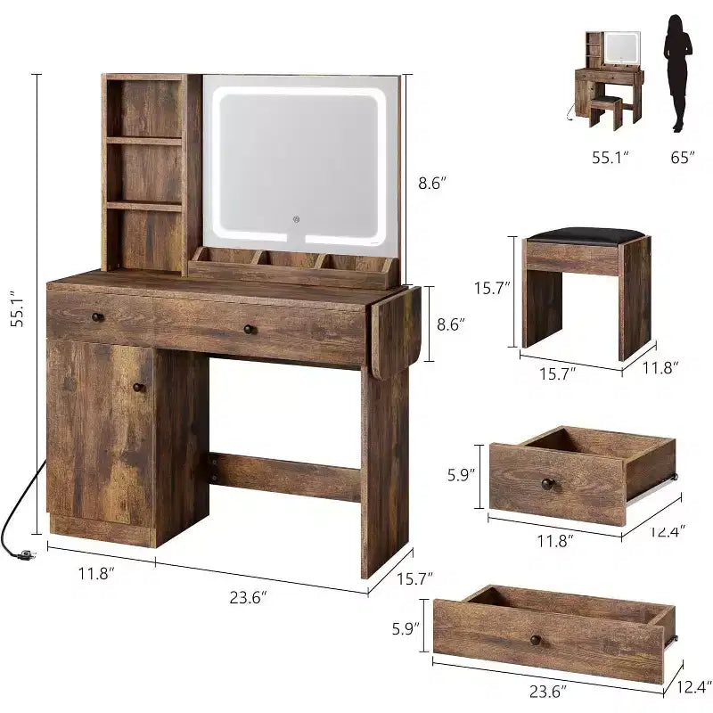 Coiffeuse de chambre avec lumières, commode en bois, commode moderne avec tiroirs, meuble de rangement, étagère et tabouret de coiffeuse, blanc