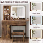 Coiffeuse de chambre avec lumières, commode en bois, commode moderne avec tiroirs, meuble de rangement, étagère et tabouret de coiffeuse, blanc