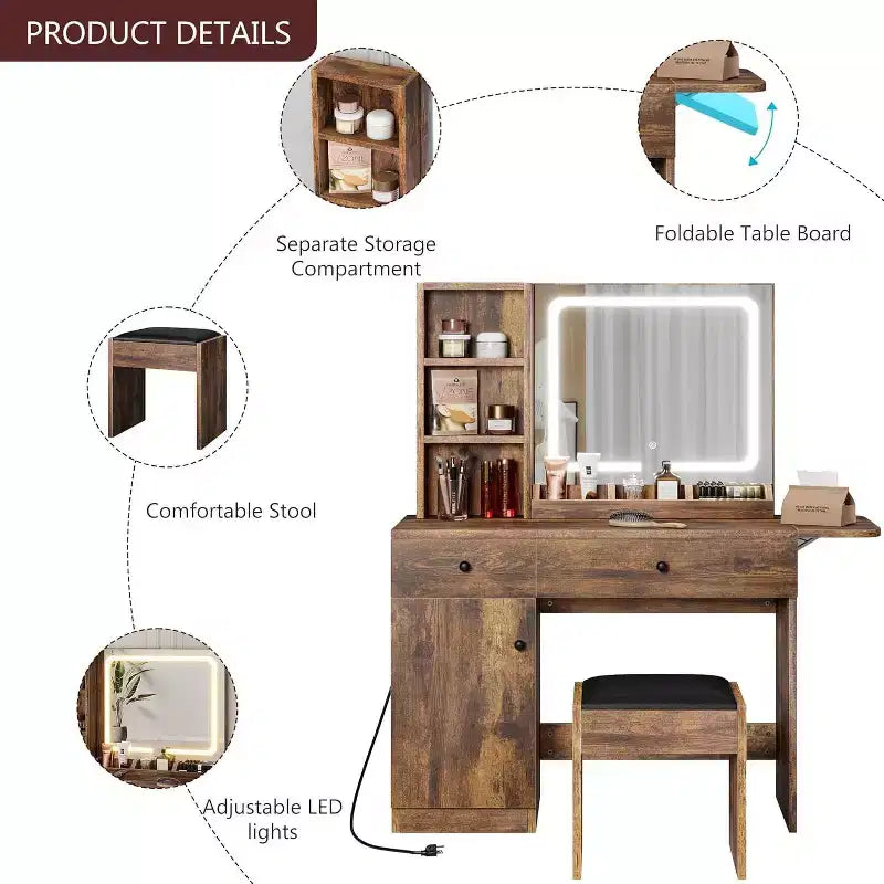 Coiffeuse de chambre avec lumières, commode en bois, commode moderne avec tiroirs, meuble de rangement, étagère et tabouret de coiffeuse, blanc