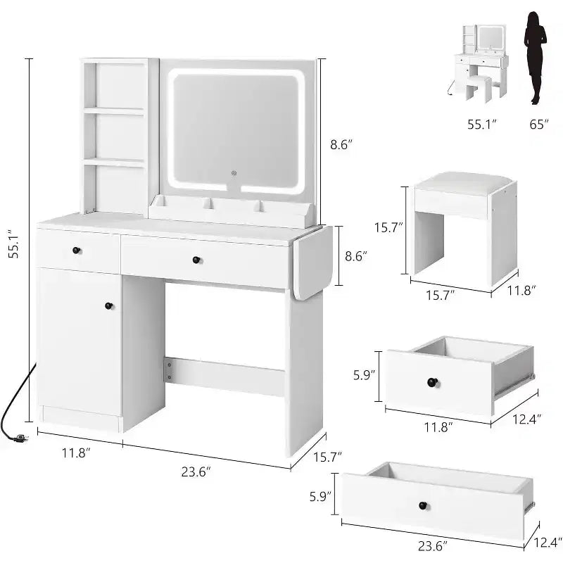 Coiffeuse de chambre avec lumières, commode en bois, commode moderne avec tiroirs, meuble de rangement, étagère et tabouret de coiffeuse, blanc
