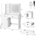 Coiffeuse de chambre avec lumières, commode en bois, commode moderne avec tiroirs, meuble de rangement, étagère et tabouret de coiffeuse, blanc