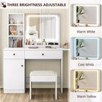 Coiffeuse de chambre avec lumières, commode en bois, commode moderne avec tiroirs, meuble de rangement, étagère et tabouret de coiffeuse, blanc