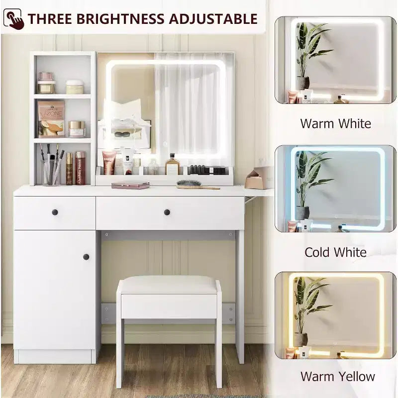 Coiffeuse de chambre avec lumières, commode en bois, commode moderne avec tiroirs, meuble de rangement, étagère et tabouret de coiffeuse, blanc