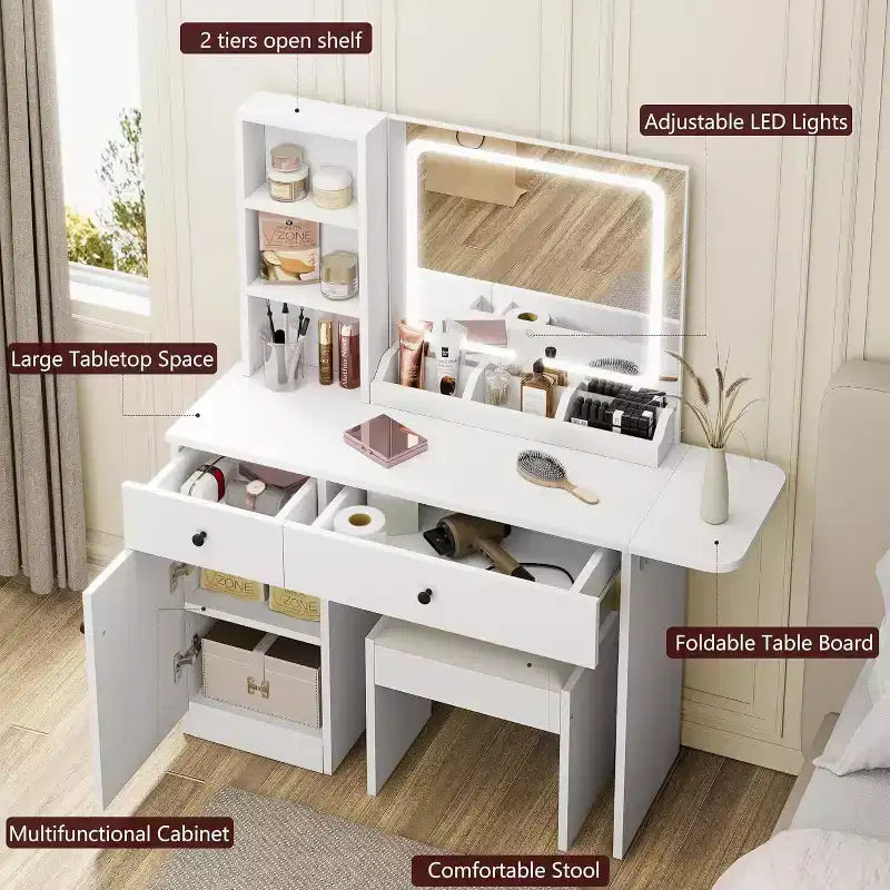 Coiffeuse de chambre avec lumières, commode en bois, commode moderne avec tiroirs, meuble de rangement, étagère et tabouret de coiffeuse, blanc