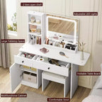 Coiffeuse de chambre avec lumières, commode en bois, commode moderne avec tiroirs, meuble de rangement, étagère et tabouret de coiffeuse, blanc