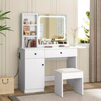 Coiffeuse de chambre avec lumières, commode en bois, commode moderne avec tiroirs, meuble de rangement, étagère et tabouret de coiffeuse, blanc