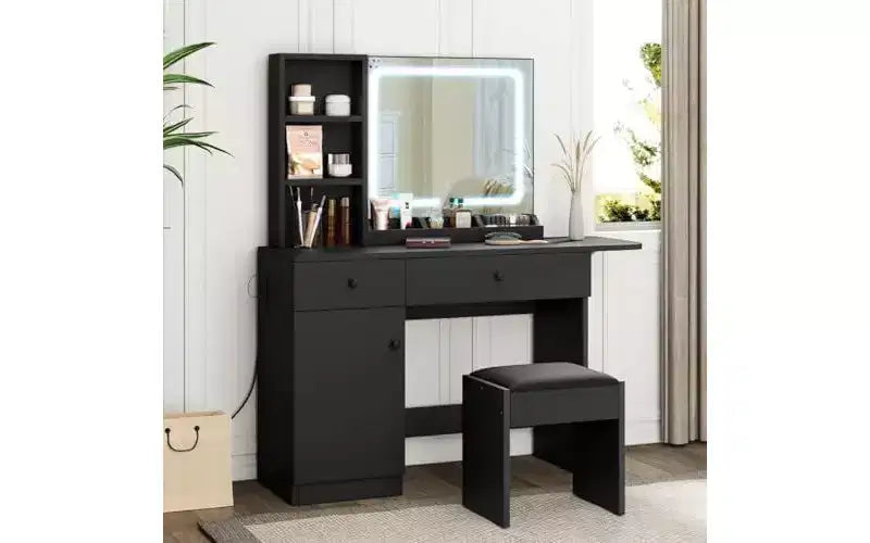 Coiffeuse de chambre avec lumières, commode en bois, commode moderne avec tiroirs, meuble de rangement, étagère et tabouret de coiffeuse, blanc