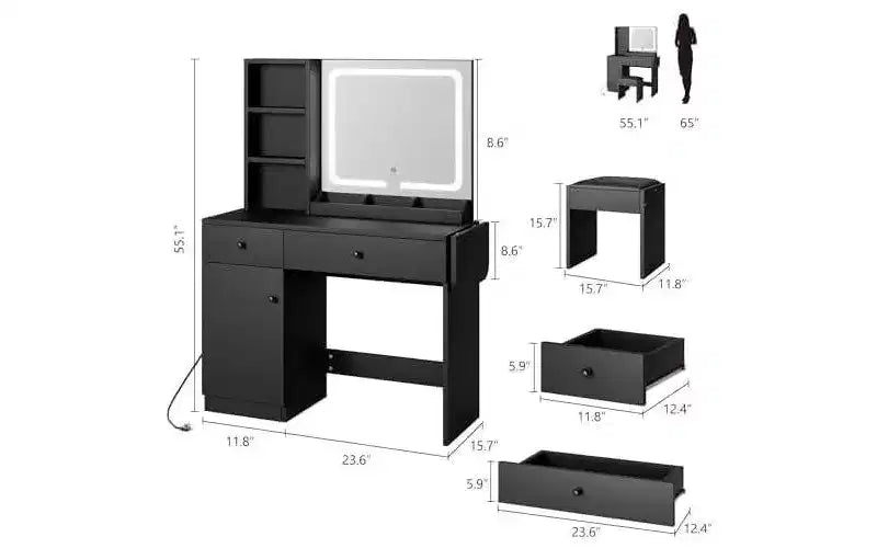 Coiffeuse de chambre avec lumières, commode en bois, commode moderne avec tiroirs, meuble de rangement, étagère et tabouret de coiffeuse, blanc