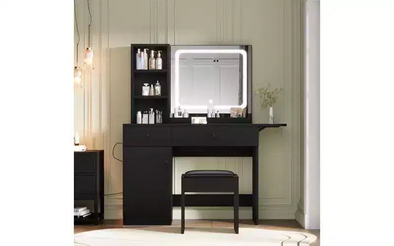 Coiffeuse de chambre avec lumières, commode en bois, commode moderne avec tiroirs, meuble de rangement, étagère et tabouret de coiffeuse, blanc