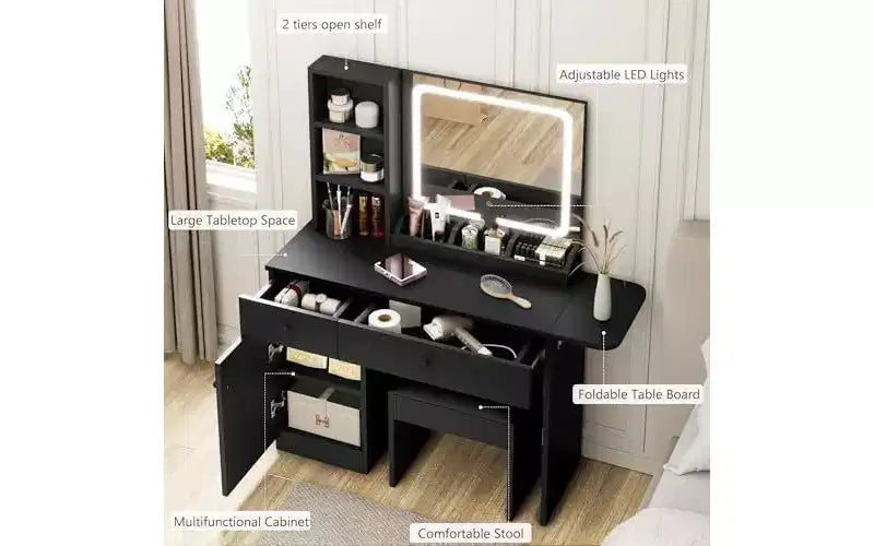 Coiffeuse de chambre avec lumières, commode en bois, commode moderne avec tiroirs, meuble de rangement, étagère et tabouret de coiffeuse, blanc