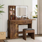 Coiffeuse de chambre avec lumières, commode en bois, commode moderne avec tiroirs, meuble de rangement, étagère et tabouret de coiffeuse, blanc