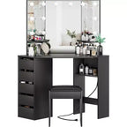 Coiffeuse d'angle avec miroir et lumière, 3 réglages d'éclairage/luminosité, ensemble de coiffeuse avec 5 tiroirs coulissants/étagère/tabouret de coiffeuse, noir