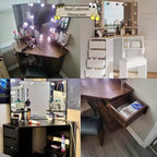 Coiffeuse d'angle avec miroir et lumière, 3 réglages d'éclairage/luminosité, ensemble de coiffeuse avec 5 tiroirs coulissants/étagère/tabouret de coiffeuse, noir