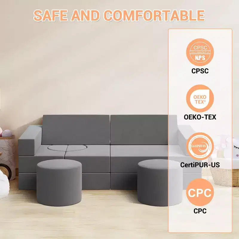 Canapé de jeu modulaire pour enfants, 13 pièces - Housses lavables en velours, ensemble de canapé pour tout-petits, chaise de sol convertible en mousse pour salle de jeux et salon