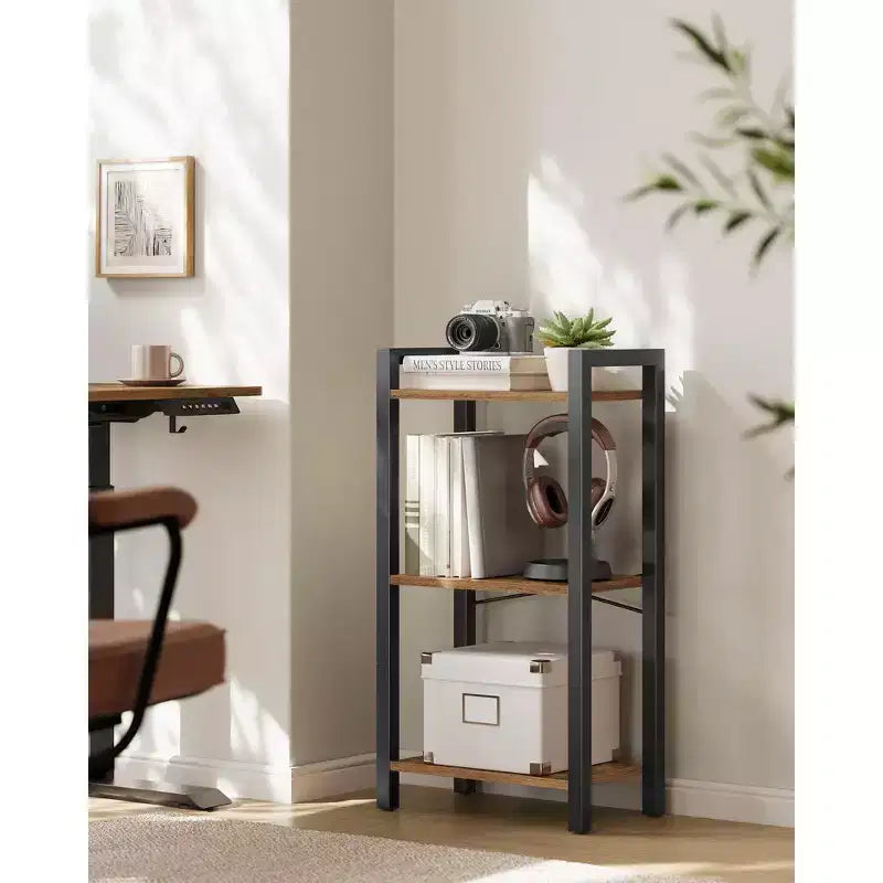 3-Tier Industrial Bookshelf with Sturdy Steel Frame, Rustic Brown & Ink Black - 9.4 x 15.7 x 30.1 Inches, Multi-Functional Storage Shelf