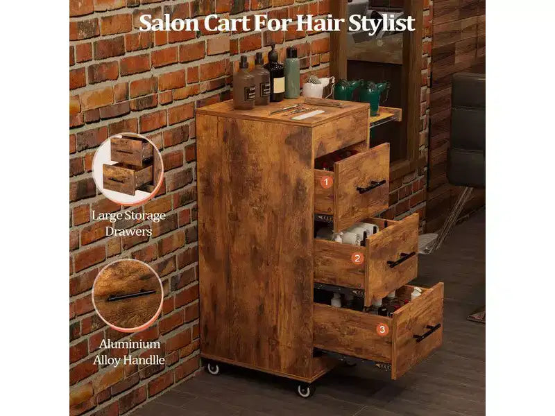 Chariot de rangement Karl Home en bois rustique marron avec roulettes et 3 tiroirs