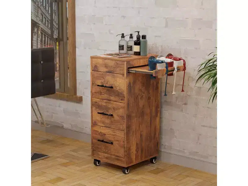 Chariot de rangement Karl Home en bois rustique marron avec roulettes et 3 tiroirs