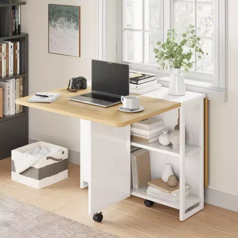 Table à manger pliante avec abattants, table de dîner pliable polyvalente avec 2 étagères de rangement, mobilier de bureau extensible peu encombrant
