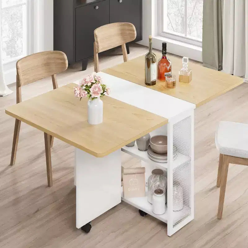 Table à manger pliante avec abattants, table de dîner pliable polyvalente avec 2 étagères de rangement, mobilier de bureau extensible peu encombrant
