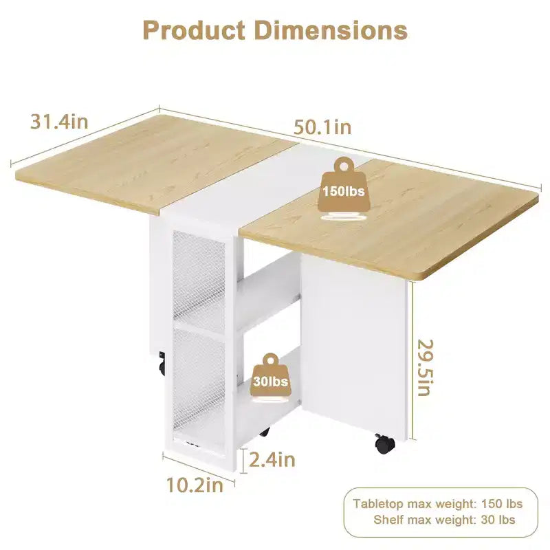 Table à manger pliante avec abattants, table de dîner pliable polyvalente avec 2 étagères de rangement, mobilier de bureau extensible peu encombrant