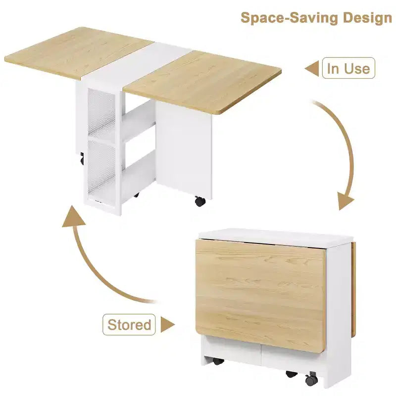 Table à manger pliante avec abattants, table de dîner pliable polyvalente avec 2 étagères de rangement, mobilier de bureau extensible peu encombrant