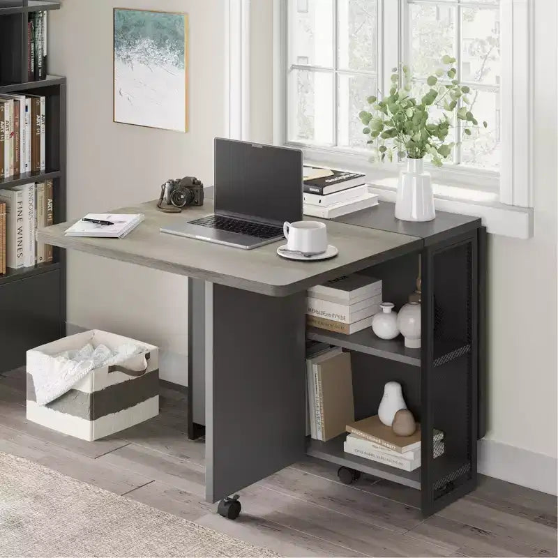 Table à manger pliante avec abattants, table de dîner pliable polyvalente avec 2 étagères de rangement, mobilier de bureau extensible peu encombrant