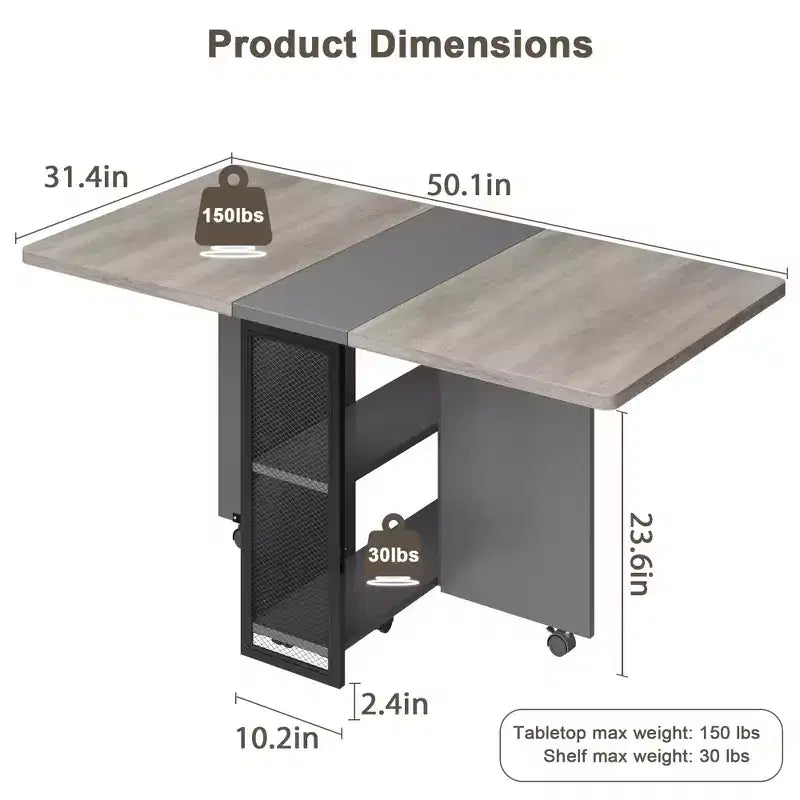 Table à manger pliante avec abattants, table de dîner pliable polyvalente avec 2 étagères de rangement, mobilier de bureau extensible peu encombrant