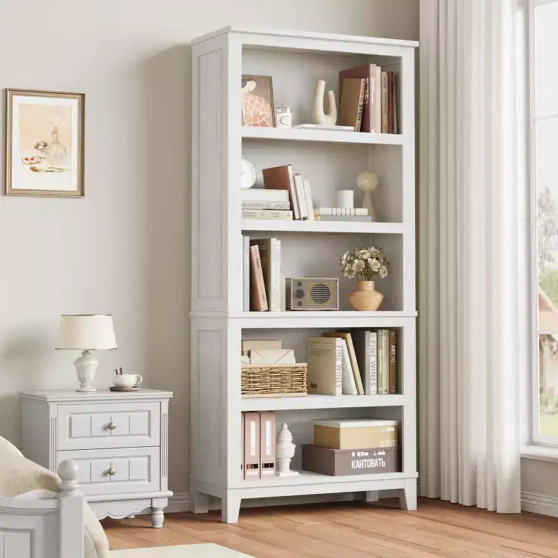 Bibliothèque en bois à 5 niveaux, étagère de rangement, étagères de style ferme, étagère rustique vintage pour bureau à domicile, salon, chambre à coucher, blanc