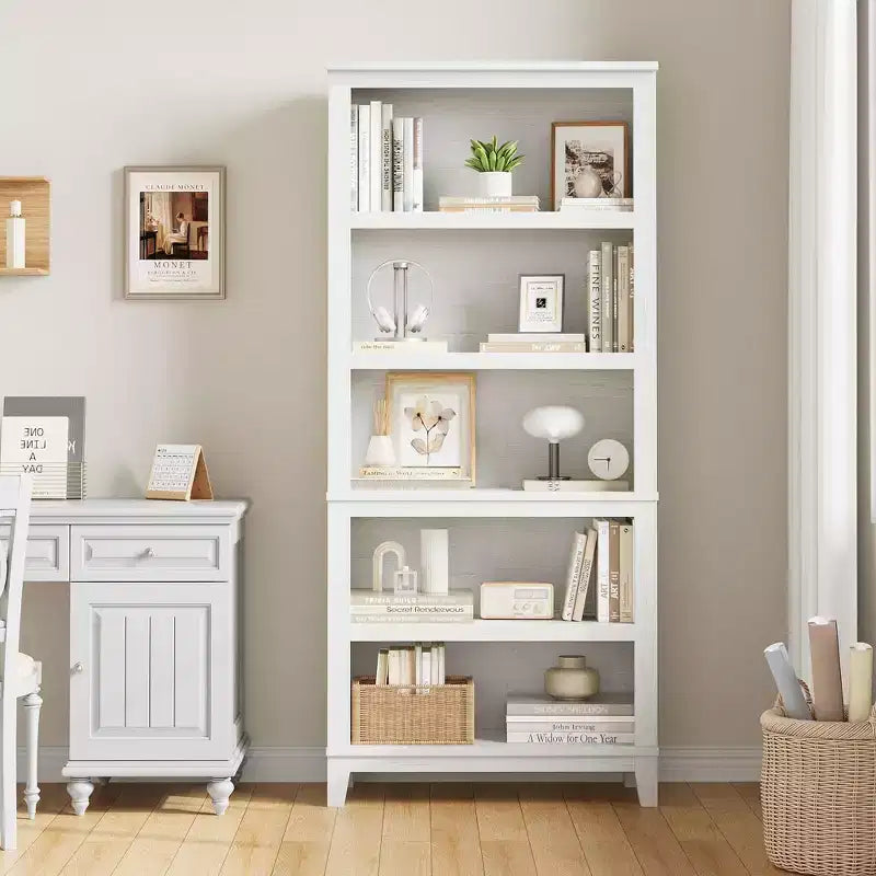 Bibliothèque en bois à 5 niveaux, étagère de rangement, étagères de style ferme, étagère rustique vintage pour bureau à domicile, salon, chambre à coucher, blanc