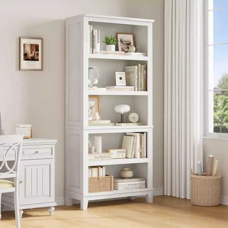 Bibliothèque en bois à 5 niveaux, étagère de rangement, étagères de style ferme, étagère rustique vintage pour bureau à domicile, salon, chambre à coucher, blanc