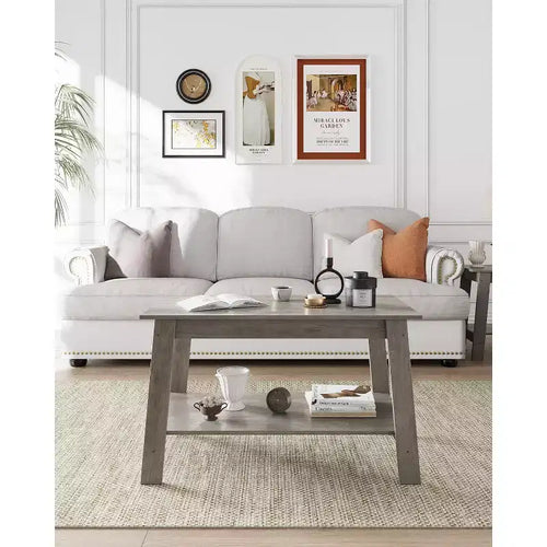 2-Tier Coffee Table for Living Room, Coffee Table with Storage Shelf, Living Room Table Rectangular Center Table, Farmhouse Wood Coffee Table, Gray