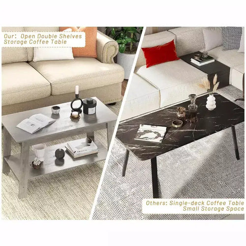 Table basse à 2 niveaux pour salon, table basse avec étagère de rangement, table basse rectangulaire, table basse de ferme en bois, gris