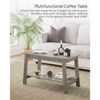 Table basse à 2 niveaux pour salon, table basse avec étagère de rangement, table basse rectangulaire, table basse de ferme en bois, gris