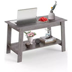 Table basse à 2 niveaux pour salon, table basse avec étagère de rangement, table basse rectangulaire, table basse de ferme en bois, gris